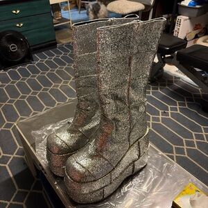 Demonia Silver Glitter Platform Boots